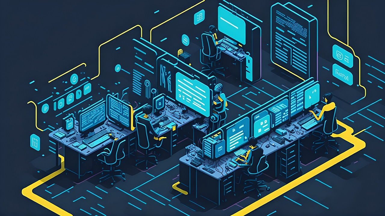 Llamavision digital services team working in a futuristic office, utilizing AI technology to serve their clients' needs in an isometric view. The team is hard at work, surrounded by computer monitors, digital gadgets, and office supplies