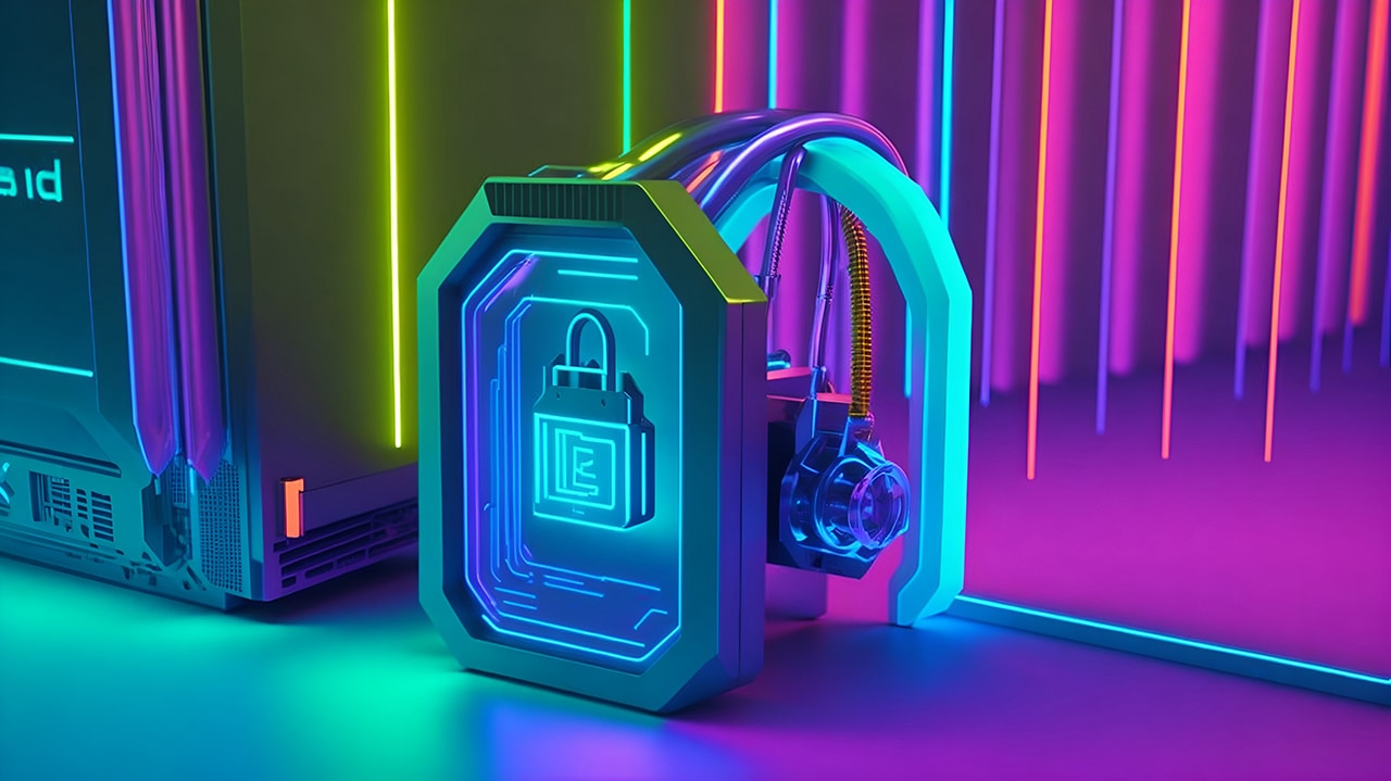 Image of a digital padlock attached to a terminal in a neon-lit secure facility, symbolizing our privacy policy commitment.