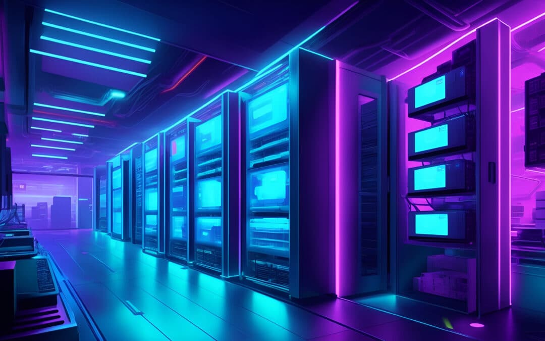 Modern IT Services server room illuminated by vibrant neon lights, symbolizing advanced technology and secure digital infrastructure