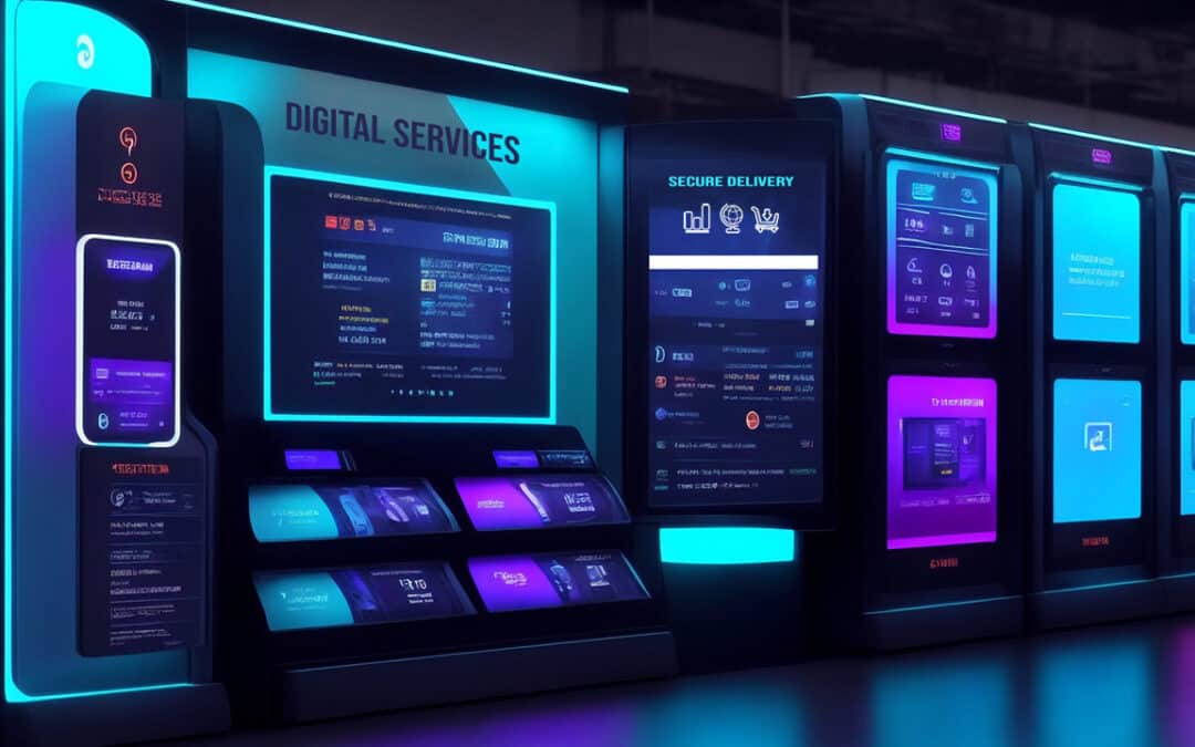 Modern digital service kiosks featuring interactive websites, showcasing a range of innovative online solutions provided by Llamavision.