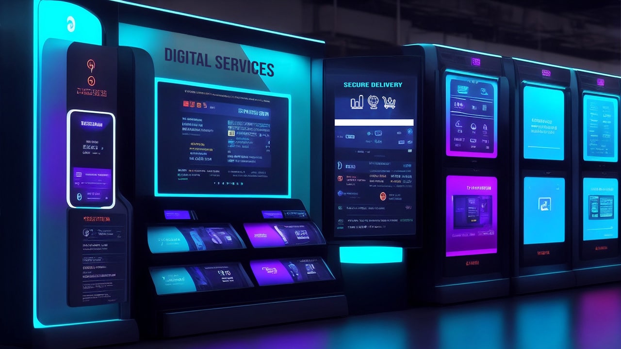 Modern digital service kiosks featuring interactive websites, showcasing a range of innovative online solutions provided by Llamavision.