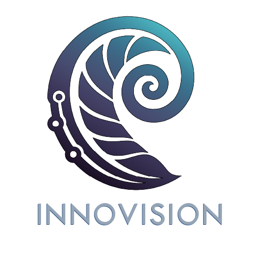 Innovision logo teal and dark blue koru